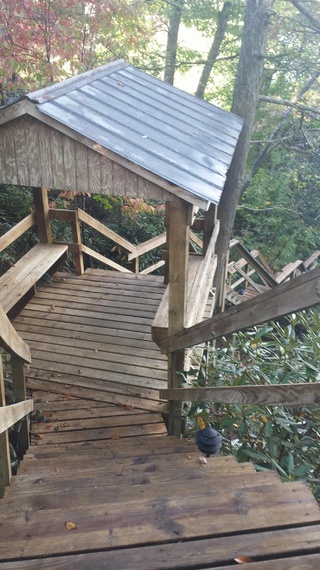 Metal roofed shelter over wooden steps on a wooded walkway — Skylight Repair & Installation work by our crew in Day